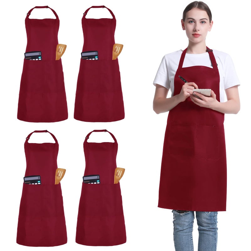 FunChaos 4 Pack Chef Apron, Adjustable Apron with 2 Pockets, Unisex Personalised Apron for Cooking, Kitchen, Restaurant (Deep Red) - Image 1